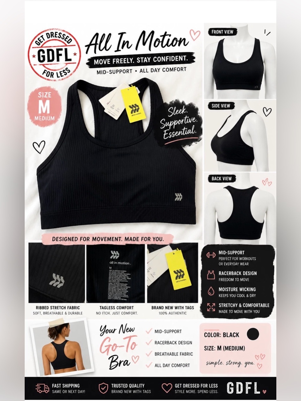 All In Motion Sports Bra Womens Medium Black Ribbed Racerback Gym Workout Yoga